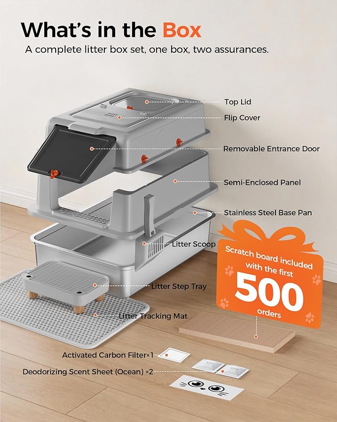 GTPLAYER XXXL Stainless Steel Cat Litter Box with Lid, Dual-Entry Enclosed Litterbox (Front Entry & Top Exit), High-Sided, Non-Stick, Odor Control, for Big Cats, with Mat, Scoop & Step, Grey