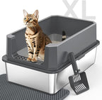 Stainless Steel Litter Box, Extra Large Litter Boxes for Big Cats, XLarge Metal Cat Litter Box with Lid, Anti-Urine Leakage XL Box with High Sides, Easy Clean, Non-Sticky, Scoop Included