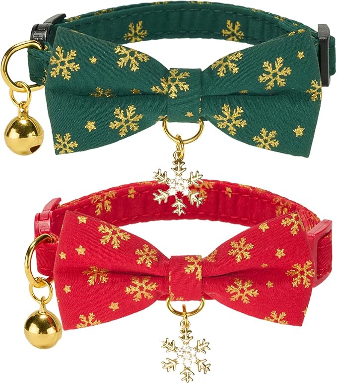 Christmas Cat Collar 2 Pack Cotton Bowtie Cat Collars Glittery Snowflakes Cute Kitten Collar(Red+Green)