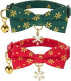 Christmas Cat Collar 2 Pack Cotton Bowtie Cat Collars Glittery Snowflakes Cute Kitten Collar(Red+Green)