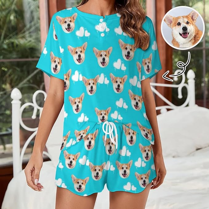 D-Story Custom Short Pajama Set with Pet Face Personalized Photo Sleepwear 2 Pieces Pjs Nightwear Xmas Gift for Women