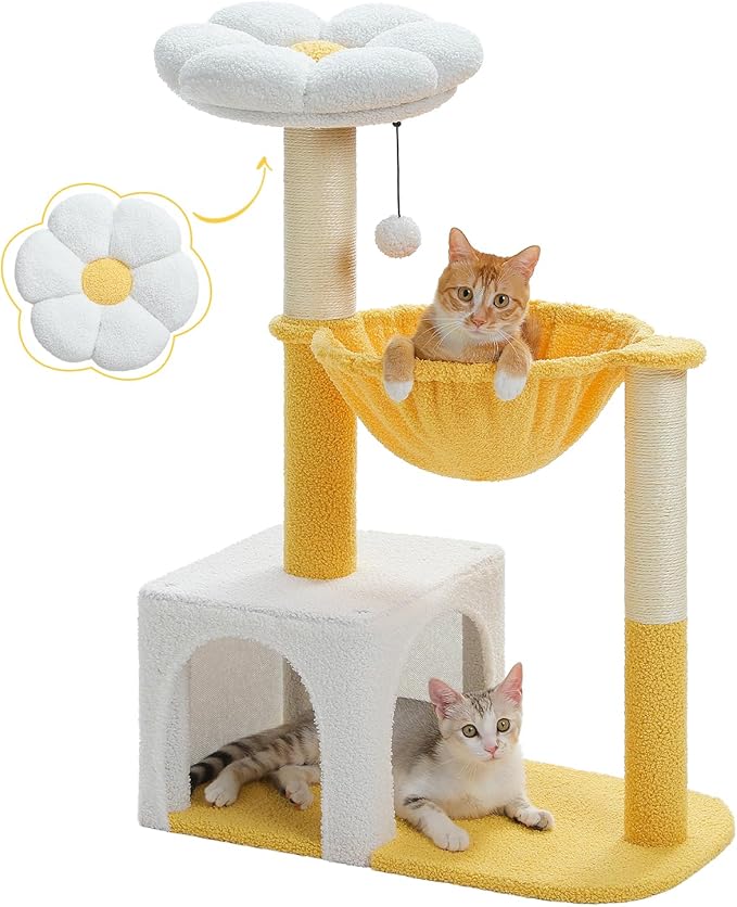 Cute Cat Tree with Flower Top Bed - Cloud Scratching Posts, 35" Small Cat Tower with Large Metal Frame Hammock for Indoor Cats, White Cat Condo for Kittens, Yellow