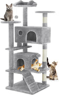 DUMOS 54-inch Indoor Cat Tree Tower –Multi-Level Pet House for Large Cats with 2 Condos, Scratching Posts, Round Platform, Small Ladder, and Toys, Light Grey