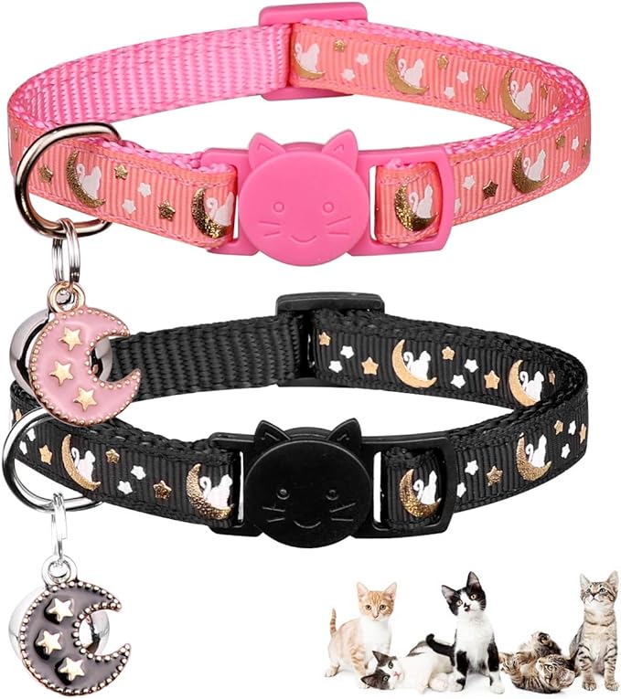 2Pcs Breakaway Cats Collars Cat Collars for Boy Cats Adjustable Kitten Collars with Bell,Black+Pink,8"-13.1"