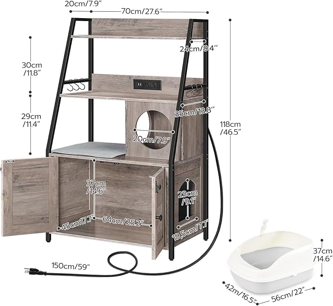 HOOBRO Litter Box Enclosure with 2 Storage Shelves, Tall Litter Box Furniture Hidden with Charging Station, Indoor Hidden Litter Box Furniture with Plush Mat, Greige BG70UMW01