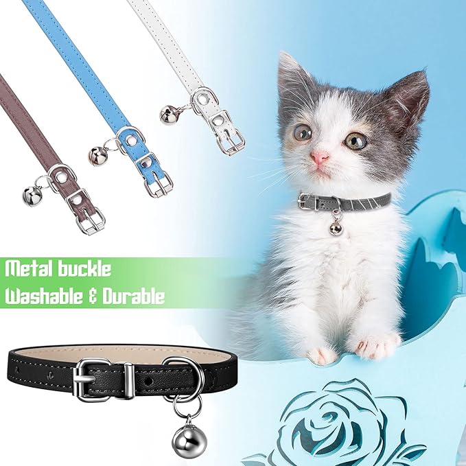 Weewooday 6 Pieces Leather Cat Collar with Bell Cute Pet Leather Kitten Collar for Boy Girl Cats with Safety Elastic Strap for Small Kitten Puppy(Fresh Color)