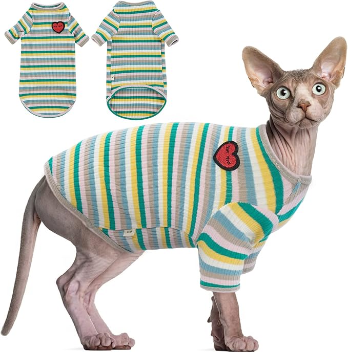 DENTRUN Hairless Cats Shirt Breathable Cat Daily Wear Clothes Stripe Vest Adorable Pajamas Jumpsuit Soft & Skin-Friendly
