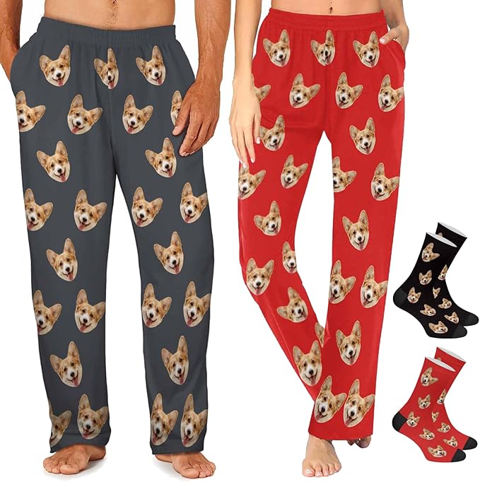 MyPupSocks Custom Pajama Pants for Pet Lover, Personalized Photo Face Printed Pajama Bottoms Sleepwear with Pockets