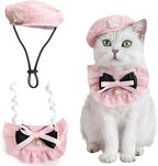 HOWWFALY 2PCS Cat Beret Hat with Small Camellia, Adjustable Satin Bowtie Bandana Scarf Set Pet Princess Costume for Halloween Christmas, Cat Dog Birthday Party Apparel (Pink Bow)