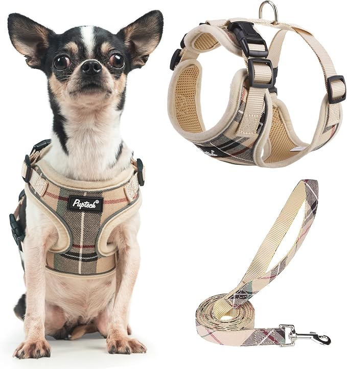 PUPTECK Soft Mesh Dog Harness and Leash Set Pet Puppy Cat Adjustable Reflective Padded Vest No Pull Harnesses, Beige, XS