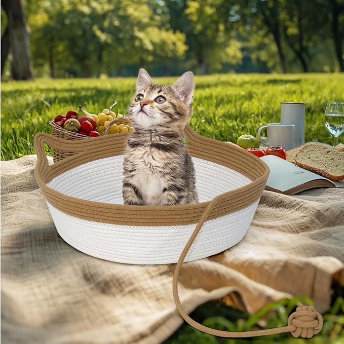Cotton Rope Woven Cat Bed, Pet Sleeping Bed with a Playing Rope Ball, Foldable Sleeping Basket for Cats, Puppies, Rabbits and Small Pets (Large, Brown & Beige)