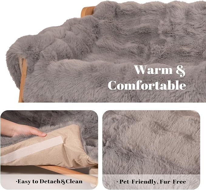 CHEERHOME PETS Elevated Cat Couch Bed for Indoor, Wooden Cats Sofa with Washable Fluffy Cover Raised Kitty Lounge Chair Suitable for Puppy(Cat Sofa,Dark Grey-Blue)