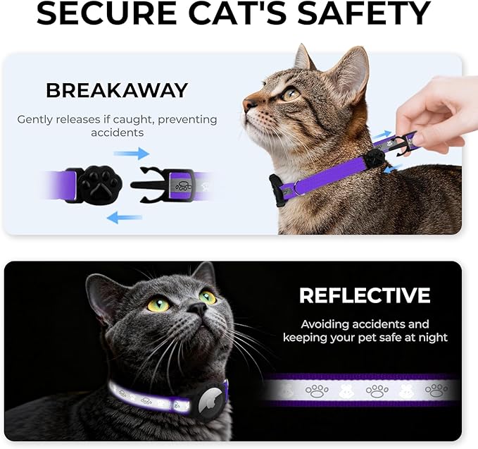 Breakaway AirTag Cat Collar, Reflective Cat Tracker Collar with Air Tag Holder and Bell, Safety Elastic Band Cat GPS Collars for Girl Boy Cats, Kittens and Puppies (Purple, 8-13'')