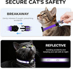 Breakaway AirTag Cat Collar, Reflective Cat Tracker Collar with Air Tag Holder and Bell, Safety Elastic Band Cat GPS Collars for Girl Boy Cats, Kittens and Puppies (Purple, 8-13'')