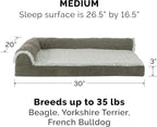 Furhaven Cooling Gel Dog Bed for Medium/Small Dogs w/ Removable Bolsters & Washable Cover, For Dogs Up to 35 lbs - Two-Tone Plush Faux Fur & Suede L Shaped Chaise - Dark Sage, Medium