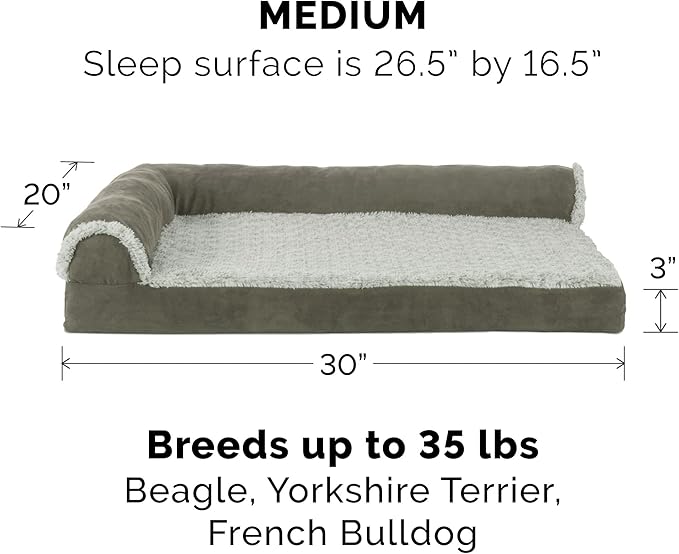 Furhaven Cooling Gel Dog Bed for Medium/Small Dogs w/ Removable Bolsters & Washable Cover, For Dogs Up to 35 lbs - Two-Tone Plush Faux Fur & Suede L Shaped Chaise - Dark Sage, Medium