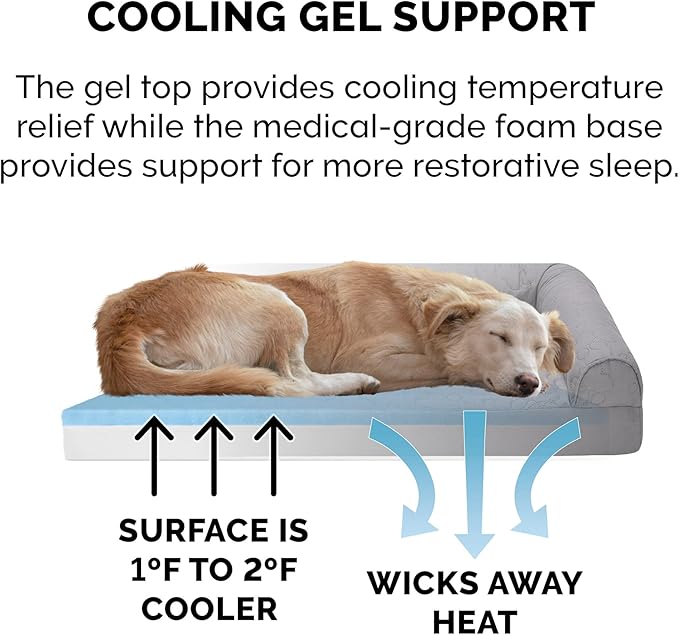 Furhaven Cooling Gel Dog Bed for Medium/Small Dogs w/ Removable Bolsters & Washable Cover, For Dogs Up to 35 lbs - Pinsonic Quilted Paw L Shaped Chaise - Titanium, Medium