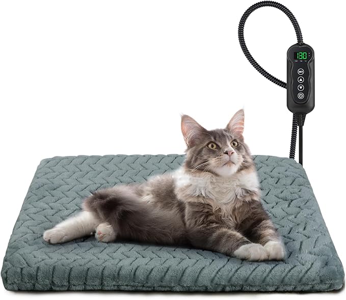 GASUR Heated Cat Bed, Waterproof Cat Heating Pad with Timer Temperature Adjustable, Indoor Heated Electric Pet Bed for Cats Dogs, Auto Power-Off, Anti-bite Pet Heated Pad, 18''x16'', Small