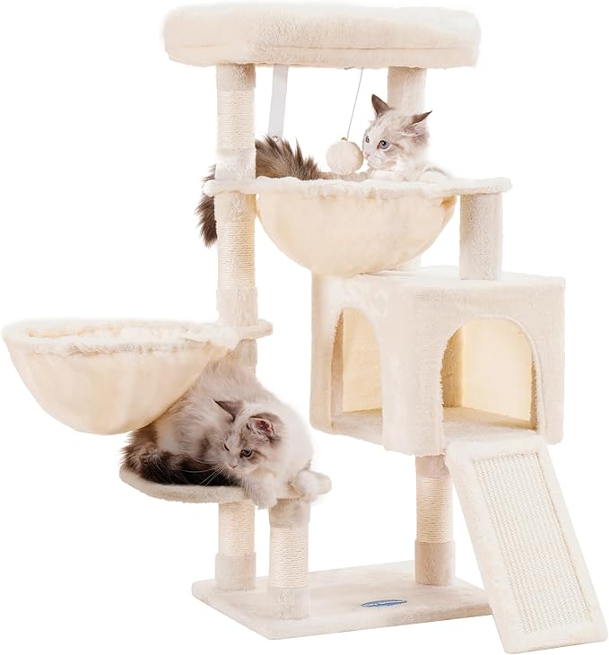Hey-brother Cat Tree, Cat Tower for Indoor Cats, Cat House with Large Padded Bed, Cozy Condo, Hammocks, Sisal Scratching Posts, Big Scratcher, Beige MPJ006SM