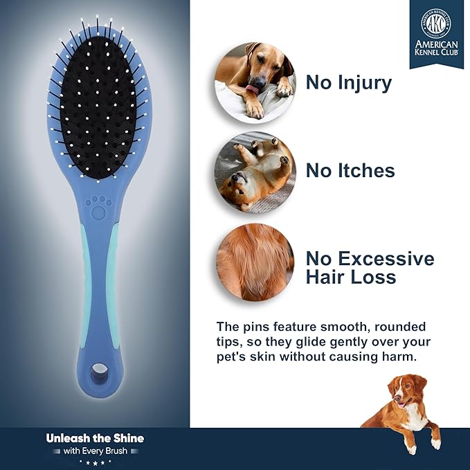 American Kennel Club AKC Pet Grooming Brush for Dogs and Cats - 2-in-1 Deshedding and Detangling Brush with Dense Nylon Bristles, Removes Loose Hair for Short and Long Coat Dogs and All Breeds