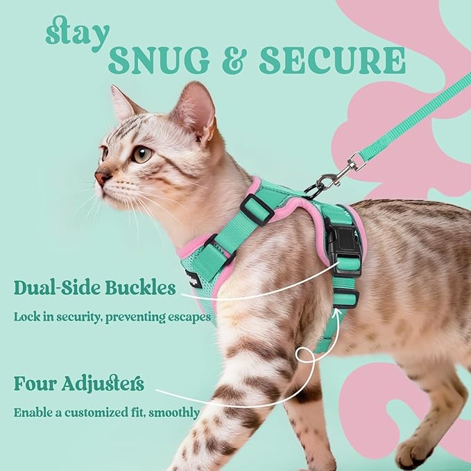 rabbitgoo Cat Harness and Leash for Walking, Escape Proof Soft Adjustable Vest Harnesses for Cats, Easy Control Breathable Reflective Strips Jacket, Green&Pink, M