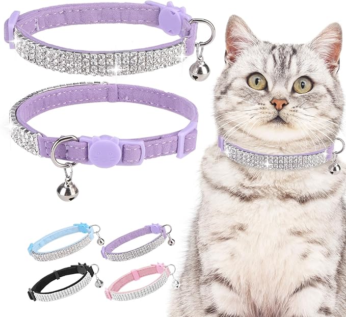 EXPAWLORER Soft Velvet Safe Cat Collars for Girl Cats - Rhinestones Bling Diamante Adjustable Collars Breakaway- Chirstmas Cat Clollar Gifts with Bells for Boy Cats Kitty and Small Dogs