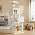 Feandrea Cat Tree, 59.5-Inch Tall Cat Tower, Plush Multi-Level Condo with 5 Scratching Posts, 2 Perches, 2 Caves, Hammock, 2 Pompoms, Cream White UPCT192T01