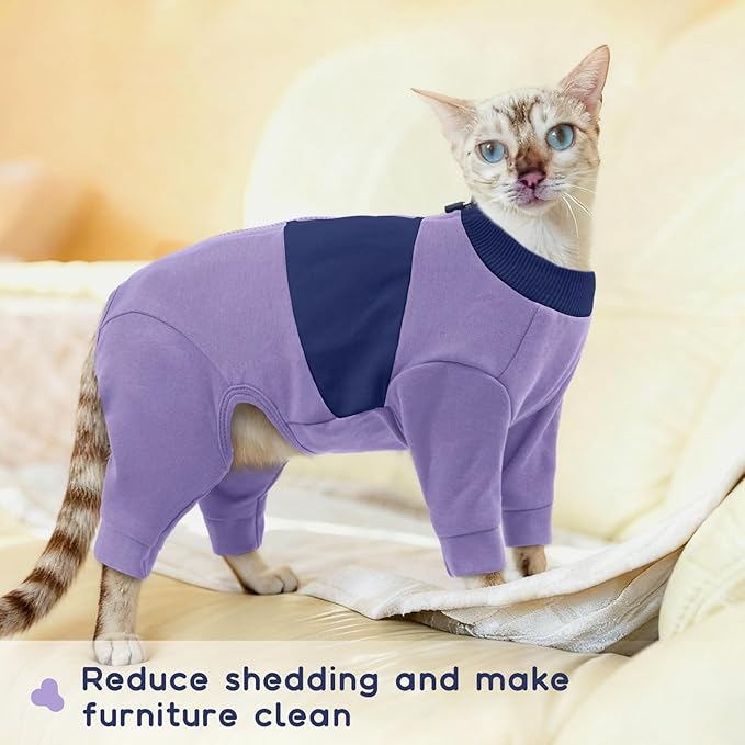 QBLEEV Cat Clothes, Soft Cat Sweaters for Cats Only, Kitten Surgery Recovery Suit Onesie Pajamas, Four Legs Cats Shirts Apparel Clothing for Hair Loss Prevention, Purple, S