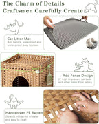 Cat Litter Box Enclosure Furniture, Hidden Litter Box with Mat and Fence, Handwoven Rattan Cat House with Two S-Shaped Hooks for Living Room, Bedroom, 18.5 x 20.5 x 19.1 Inches (Natural)