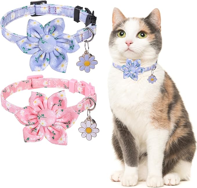 Breakaway Cat Collars for Girl Boy Cats, 2 Pack Cute Kitten Collar with Bells & Flowers, Safety Adjustable Female Male Kitty Puppy Floral Collar Pink & Blue, Small Pet Spring Gifts