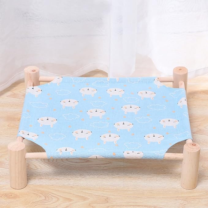 Pozico Cat & Dog Hammock Bed – Wooden Elevated Pet Cot with Breathable Mesh – Raised Cat Bed for Small Pets, Portable Puppy Bed Indoor & Outdoor Use – Blue Rabbit Design