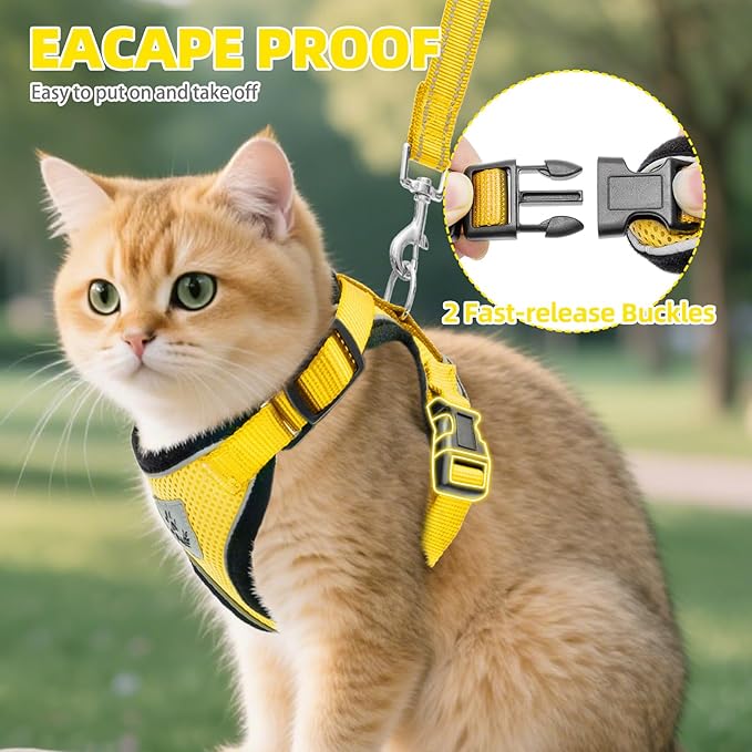 PUPTECK Cat Harness and Leash Set Escape Proof Reflective Cat Walking Harness Adjustable Soft Breathable Mesh Vest for Small Pets, Yellow, M