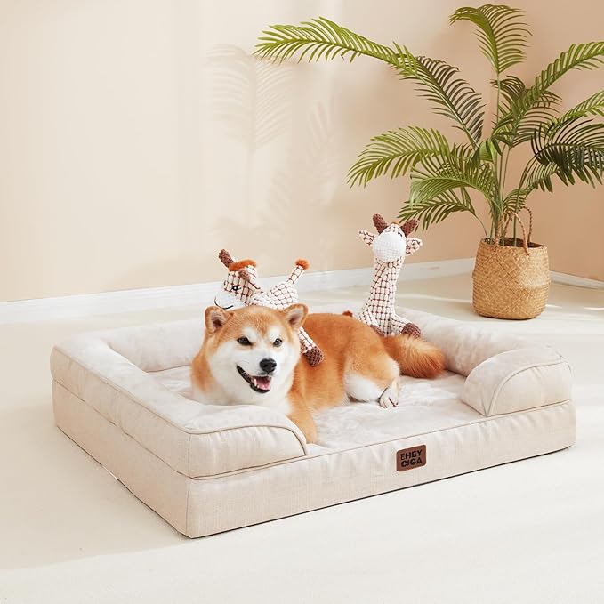 EHEYCIGA Orthopedic Dog Bed for Large Dogs, Waterproof Memory Foam, Non-Slip Bottom, Beige, 35"L x 22"W x 6.5"Th