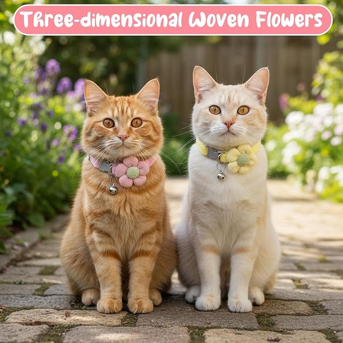 4Pcs Cat Collar Breakawayr, Cute Cotton Kitten Collar with Bell Adjustable Pink Cat Collar Safety Buckle Flower Cats Collar for Girl Boy Little Dog