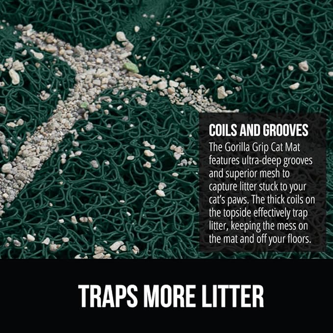 GORILLA GRIP Cat Litter Box Mat, 47x35, Water Resistant, US Designed Kitty Litter Trapping Mats, Easy to Clean, Scatter Control, Less Mess and Clean Floors, Kitten Supplies for Indoor Cats, Dark Green