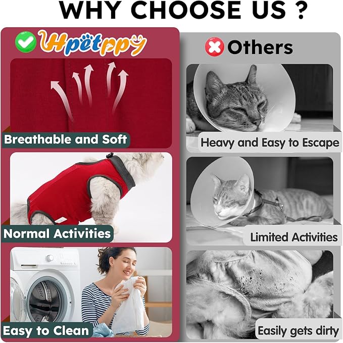 Cat Recovery Suit, Breathable Cat Surgery Recovery Suit Female, Kitten Onesie for After Surgery Spay Surgical Abdominal Wound Skin Diseases Cone of Shame Alternative (Red,S)