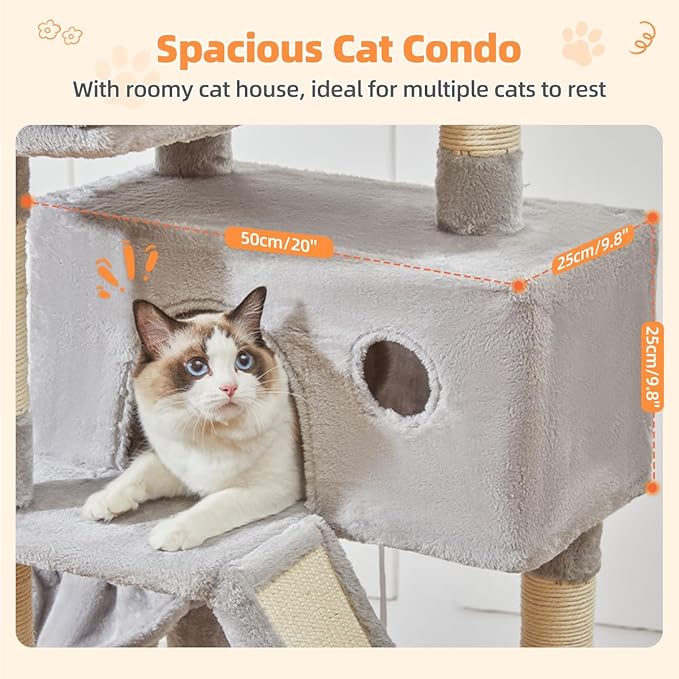 Taoqimiao Cat Tree 57.5-Inch, Cat Tower for Indoor Cats Large Adult, Extra Large Cat Condo, 8 Sisal Scratching Posts, Metal Frame Cozy Hammock, Durable Scratch Board, 2 Top Perches, Light Gray MS026W