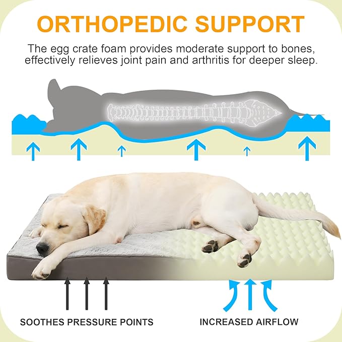 KSIIA Orthopedic Dog Bed - Waterproof, Large, Plush, Washable with Egg Crate Foam & Removable Cover & Nonskid Bottom, 36 x 27 Inch, Gray
