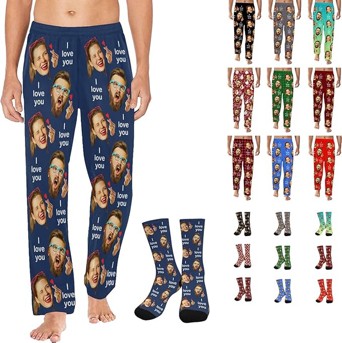 Artsadd Personalized Christmas Pajama Pants Socks for Men Custom Photo Pajama Bottoms for Men S-XXL