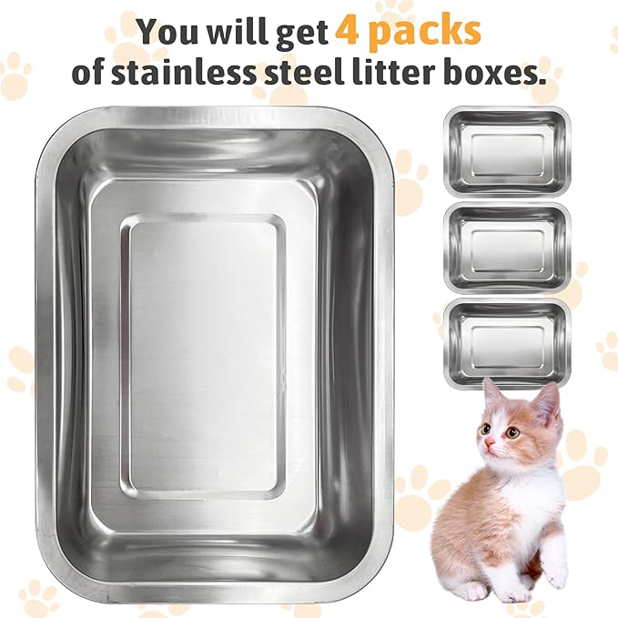 Fhiny 4Pack Stainless Steel Kitten Litter Box, Small Size Low Entry Metal Cat Open Litter Pan Potty Kitten Training Toilet Odor Control Smooth Surface (L: 14" L×10" W×1.7" H)