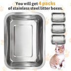 Fhiny 4Pack Stainless Steel Kitten Litter Box, Small Size Low Entry Metal Cat Open Litter Pan Potty Kitten Training Toilet Odor Control Smooth Surface (XL:15.7" L×11.8" W×2" H)