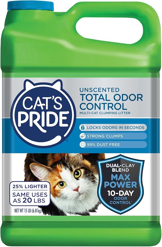 Cat's Pride Max Power: Total Odor Control - Up to 10 Days of Powerful Odor Control - Strong Clumping - Hypoallergenic - 99% Dust Free - Multi-Cat Litter, Unscented, 15 Pounds