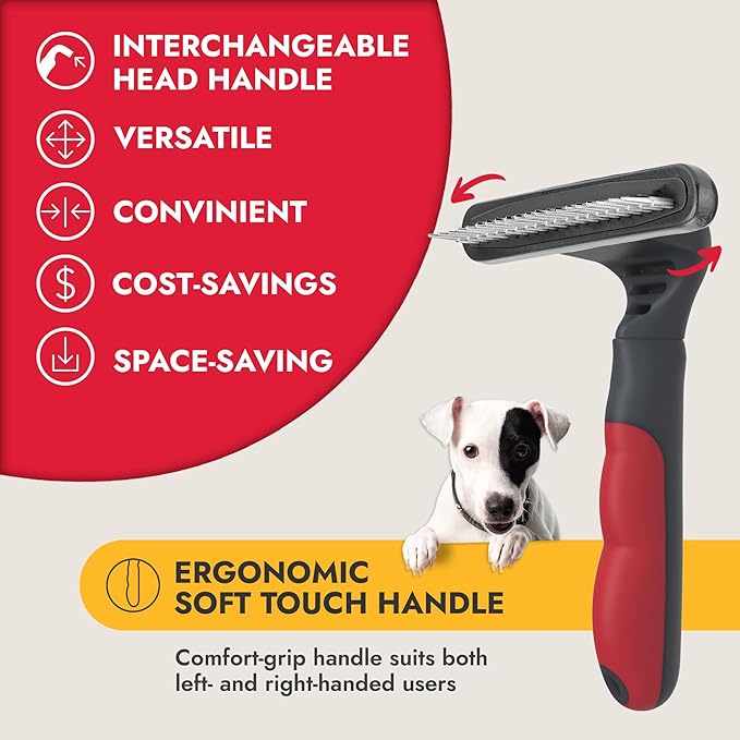 KONG 4-in-1 Interchangeable Dog Grooming Tool – Rake, Slicker, Comb & Pin Brush Heads, Versatile All-in-One Design, Non-Slip Handle, for All Coat Types, Red/Gray