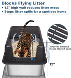 Cat Litter Box – Open Top Stainless Steel Large Litter Pan for Big Cats – High Sided Non-Stick Anti-Leakage – Easy to Clean with Scoop & Litter Mat (Black)