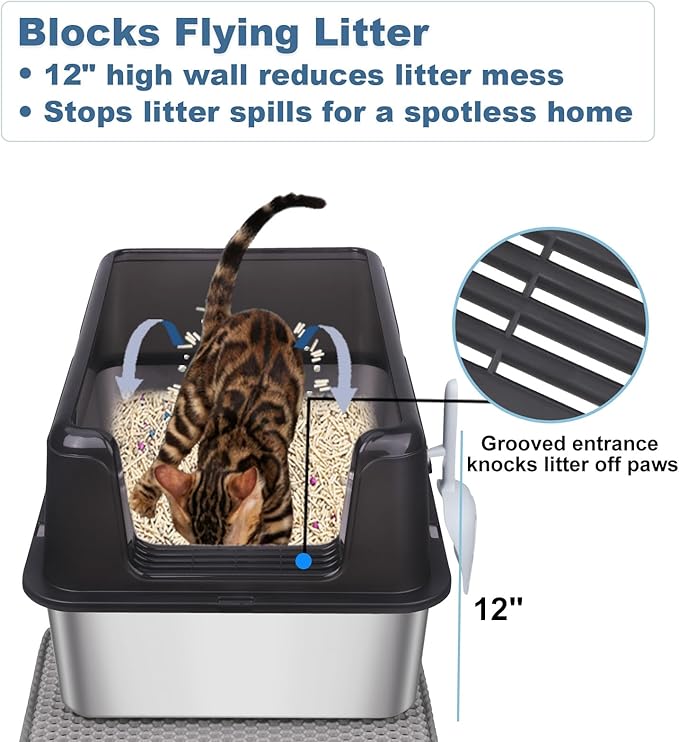 Cat Litter Box – Open Top Stainless Steel Large Litter Pan for Big Cats – High Sided Non-Stick Anti-Leakage – Easy to Clean with Scoop & Litter Mat (Black)