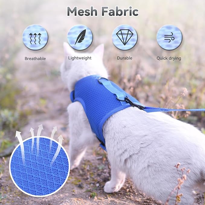 Cat Harness and Leash for Walking Escape Proof Breathable Mesh Fabric, Solid Blue, XX-Large, Adjustable Cat Walking Jackets, Padded Stylish Cat Vest