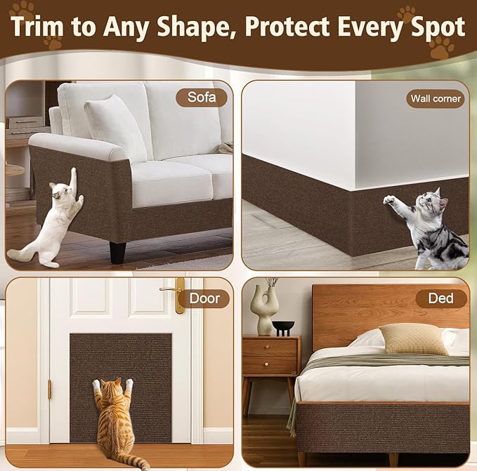 Cat Scratch Furniture Protector – DIY Climb Scratch Mat, Couch Protector from Cat Claws, Trimmable Self-Adhesive Carpet for Sofa, Furniture, Cat Tree (Brown, 78.7" x 15.8")