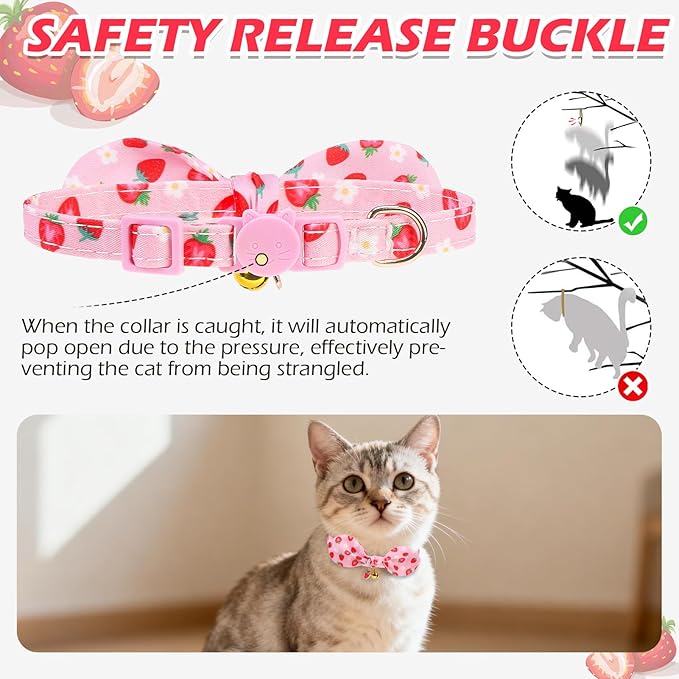 EXPAWLORER Bunny Ear Cat Collar with Bell, Soft Breakaway Kitten Collar with Bow and Accessory, Pink Girl Cat Collars with Safety Quick Release Clasp, Pet Collar for Valentine's Day (Strawberry)