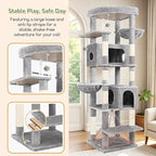 Globlazer Heavy Duty Cat Tree, 74in Sturdy Cat Tower for Large Cats Adult, Big Cat Tree with 7 Sisal Scratching Posts, 2 Padded Condos, 2 Dual-Ear Hanging Baskets, Enlarged Top Perch, S74, Light Grey