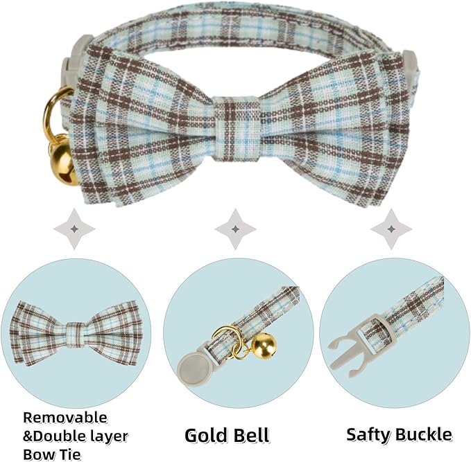 2 Pack Soft Cotton Cat Collars with Bowtie and Bell Breakaway Plaid Cat Kitten Collar(Pink and Jade Green)